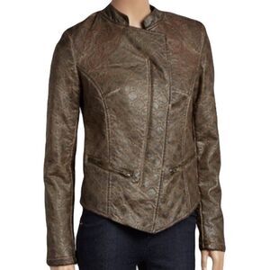 NEW Allen Schwartz Womens Small Lattice Embroidered Brown Faux Leather Jacket